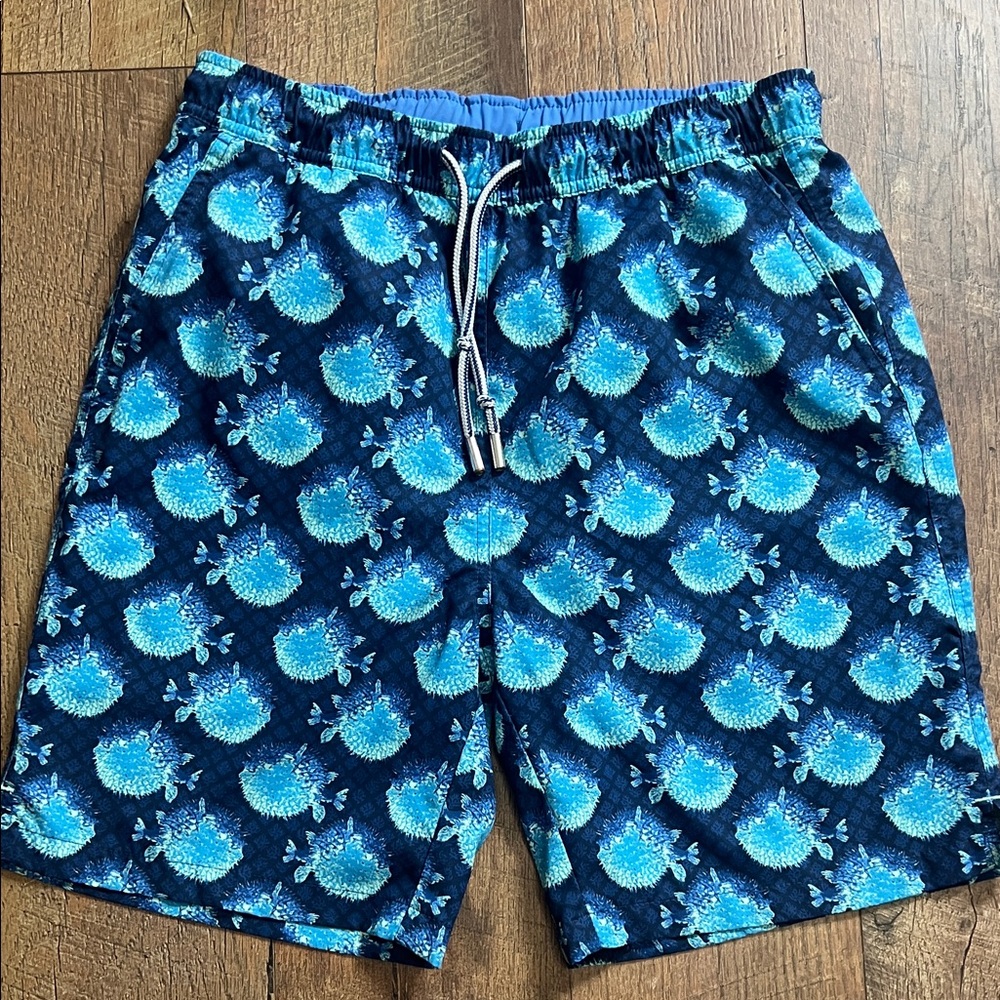 Peter Millar Navy and Aqua Floral Swim Shorts